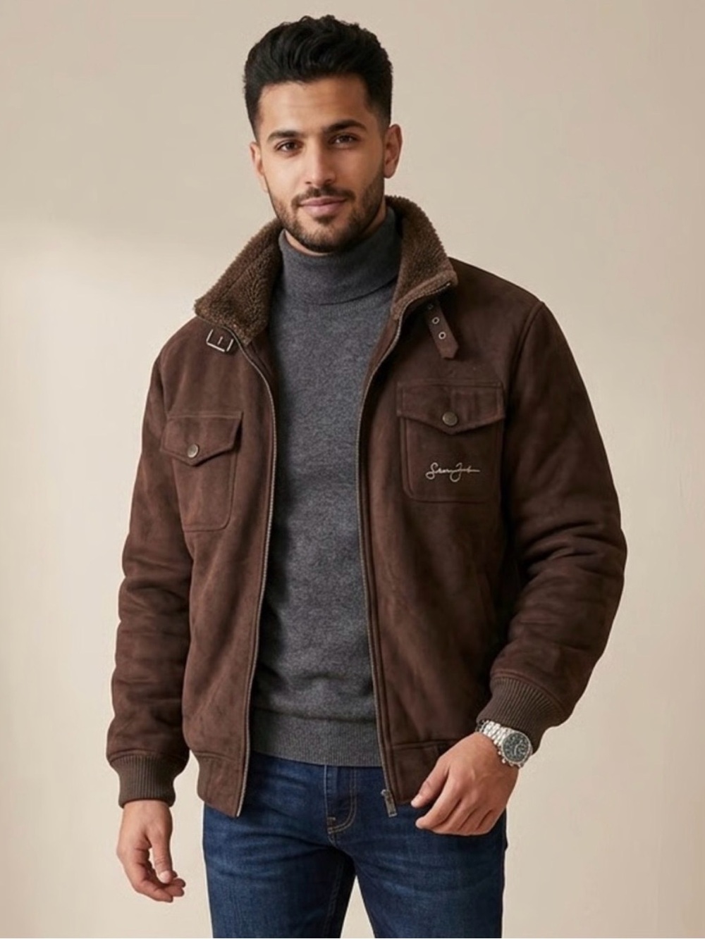 Sean John Men's Dark Brown Suede Bomber Jacket with Sherpa Collar